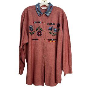 Vintage Victoria Jones Floral Embroidered Shirt Red Blue Sz 42/22W Cottagecore